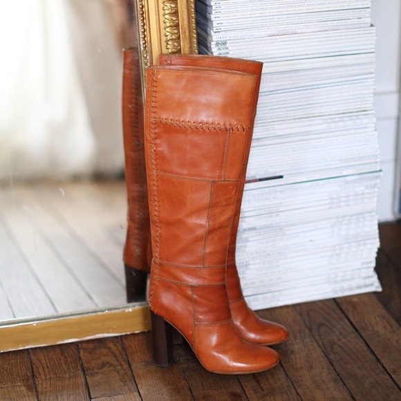 Chloe Shoes - Chloe Tan Leather Patchwork Knee-High Boots